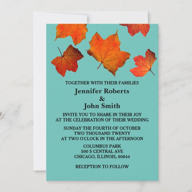 Rustic Fall Leaves Burnt Orange Teal Blue Wedding Invitation (Front)