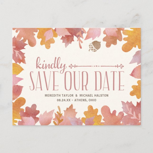 Rustic Fall Leaves Colourful Save the Date Announcement Postcard (Front)