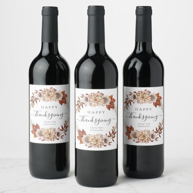 Rustic Fall Leaves Happy Thanksgiving Wine Label (Bottles)