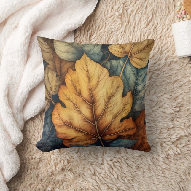 Rustic Fall Leaves Illustration Throw Pillow (Blanket)