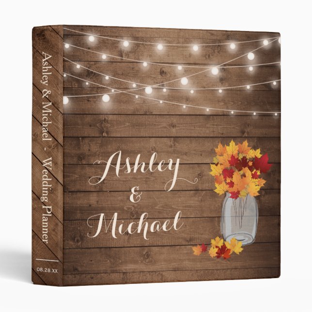 Rustic Fall Leaves Mason Jar String Lights Wedding Binder (Front/Spine)
