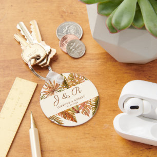 Rustic Fall Leaves Monogram Wedding Round Keychain