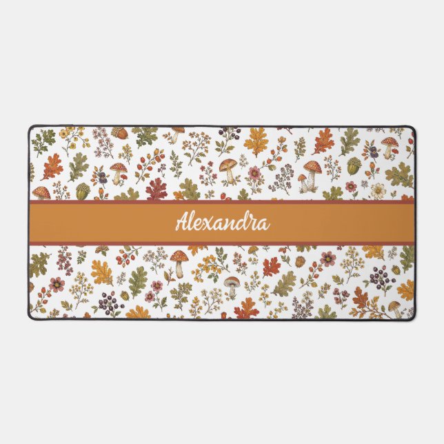 Rustic Fall Leaves Mushroom Woodland Monogram Name Desk Mat (Front)