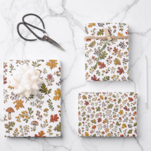 Rustic Fall Leaves Mushroom Woodland Pattern Wrapping Paper Sheet