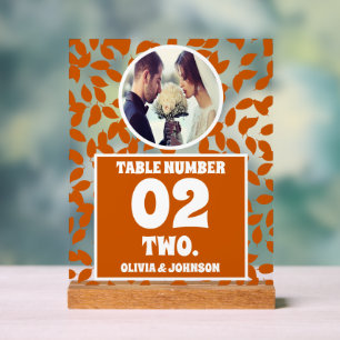 Rustic Fall Leaves Photo Wedding Table Number Acrylic Sign