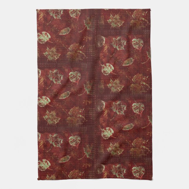 Rustic Fall Leaves Primitive Gingham Tile Burgundy Kitchen Towel (Vertical)