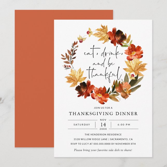 Rustic Fall Leaves Thanksgiving Dinner Invitation (Front/Back)