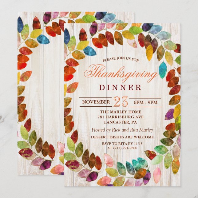 Rustic Fall Leaves Thanksgiving Dinner Invitation (Front/Back)