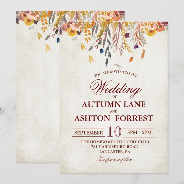 Rustic Fall Leaves Wedding Invitation (Front/Back)