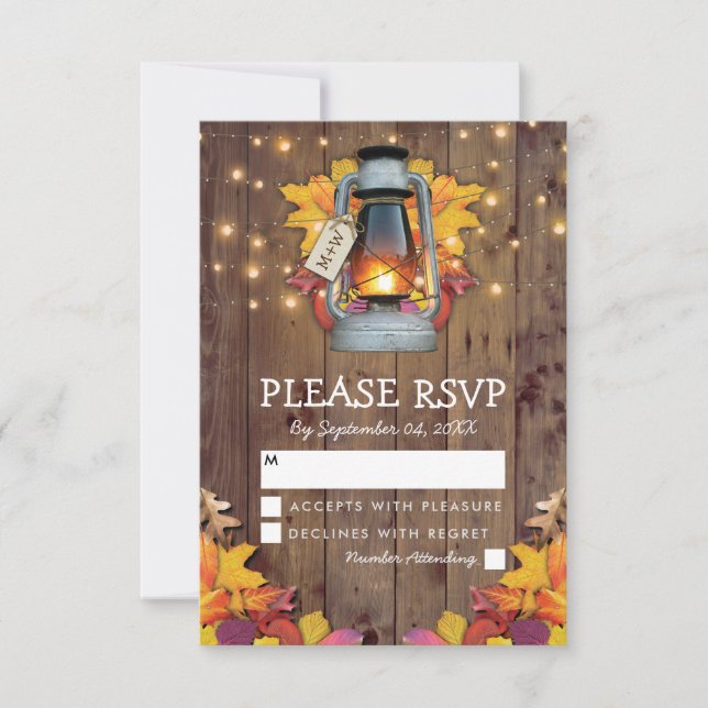 Rustic Fall Lights Autumn Leaves Wedding RSVP Card (Front)