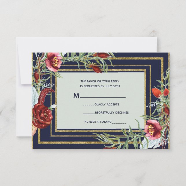Rustic Fall Marsala Floral Navy Blue Gold RSVP Card (Front)