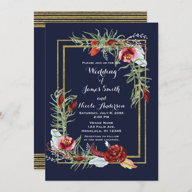 Rustic Fall Marsala Floral Navy Blue Gold Wedding Invitation (Front/Back)