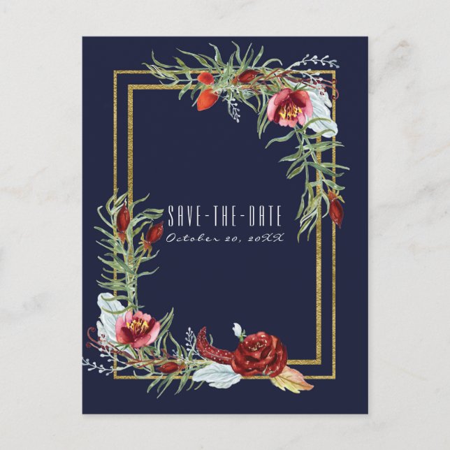 Rustic Fall Marsala Floral Navy Blue Save the Date Announcement Postcard (Front)