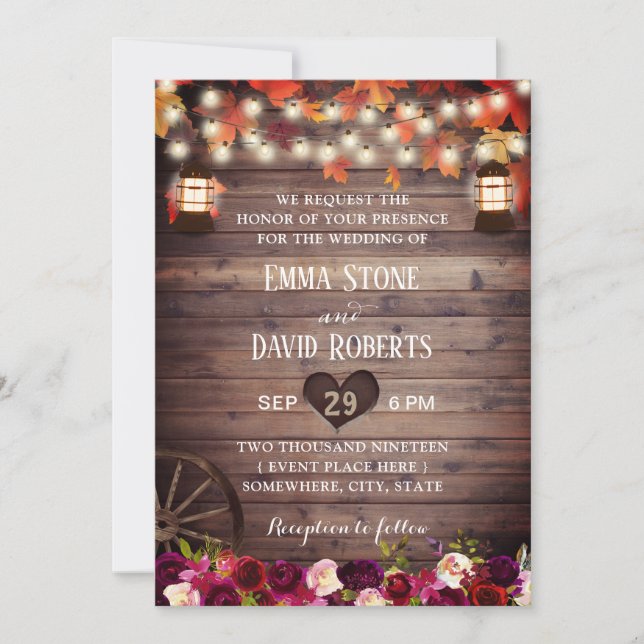 Rustic Fall Marsala Floral Vintage Lantern Wedding Invitation (Front)