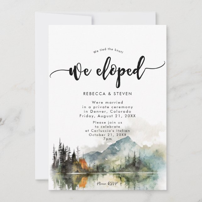rustic fall mountain forest we eloped invitation (Front)