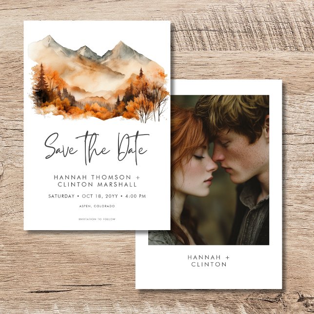 Rustic Fall Mountain Scene Watercolor Photo Save The Date (Rustic Fall Mountain Scene Watercolor Photo Save The Date)