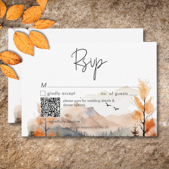 Rustic Fall Mountain Scene Watercolor QR Code RSVP Card (Rustic Fall Mountain Scene Watercolor QR Code RSVP Card)