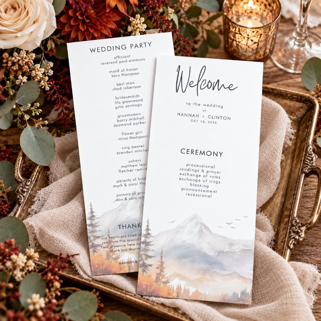 Rustic Fall Mountain Scene Watercolor Wedding  Program (Creator Uploaded)