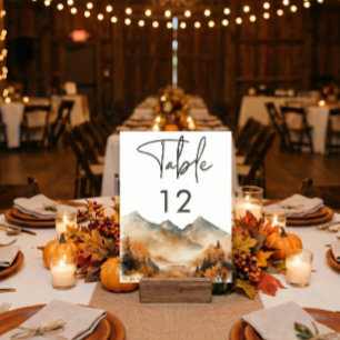 Rustic Fall Mountain Scene Watercolor Wedding Table Number