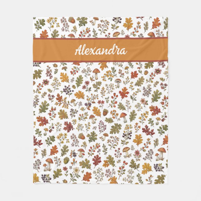 Rustic Fall Mushroom Leaves Woodland Monogram Name Fleece Blanket (Front)