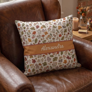 Rustic Fall Mushroom Leaves Woodland Monogram Name Throw Pillow
