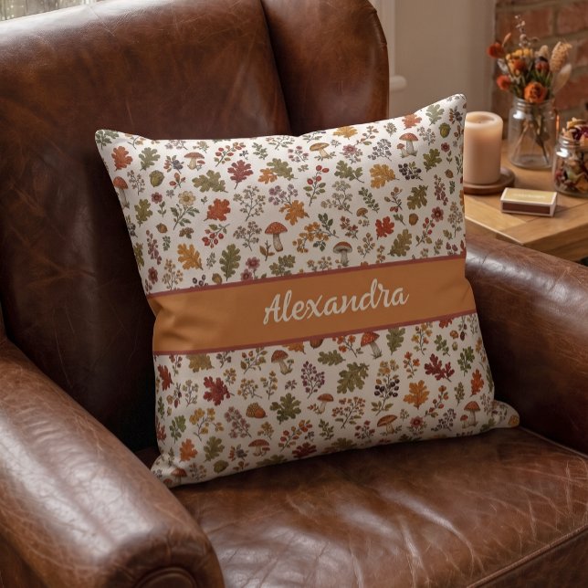 Rustic Fall Mushroom Leaves Woodland Monogram Name Throw Pillow (Creator Uploaded)