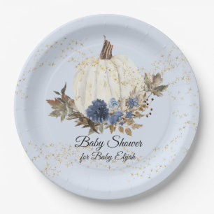 Rustic Fall Navy Blue Floral Pumpkin Baby Shower Paper Plate