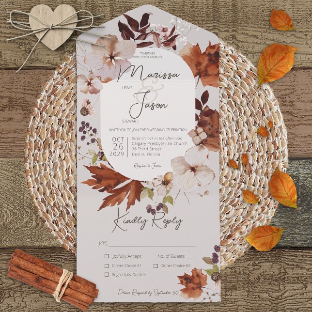 Rustic Fall Neutral Wreath Grey Dinner All In One Invitation (Also available with a QR code or without dinner selection options.)