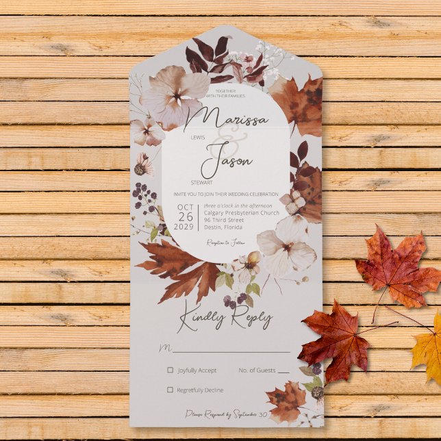 Rustic Fall Neutral Wreath Grey No Dinner All In One Invitation (Also available with a QR code or with dinner selection options.)