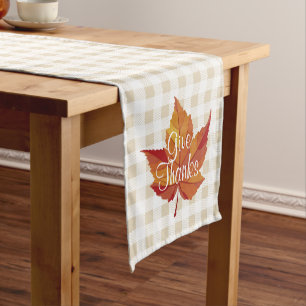 Rustic Fall Orange Leaf & White Plaid Give Thanks Short Table Runner