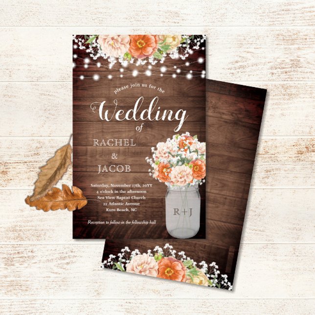 Rustic Fall Orange Mason Jar Lights Budget Wedding (Rustic Fall Floral Mason Jar Vase Budget Wedding Invitation)