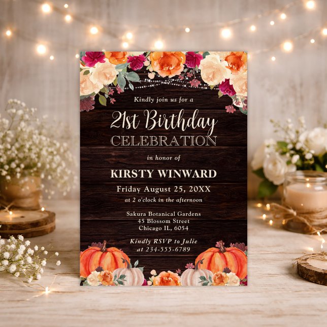 Rustic Fall Orange Pumpkin Floral 21st Birthday Invitation (Creator Uploaded)