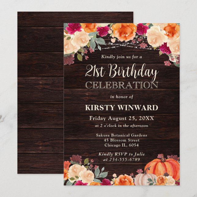Rustic Fall Orange Pumpkin Floral 21st Birthday Invitation (Front/Back)