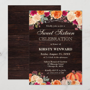 Rustic Fall Orange Pumpkin Floral Sweet Sixteen Invitation