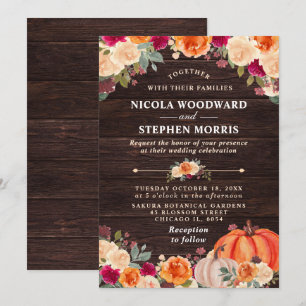 Rustic Fall Orange Pumpkin Floral Wedding Invitation