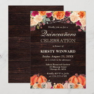 Rustic Fall Orange Pumpkins Floral Quinceanera Invitation