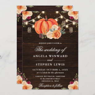 Rustic Fall Orange Pumpkins Floral Wedding Invitation