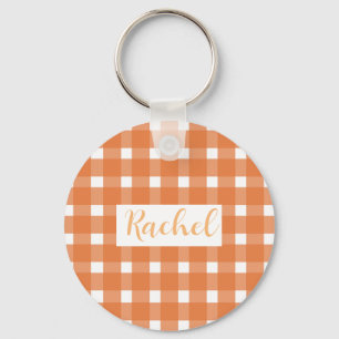 Rustic Fall Orange White Gingham Keychain
