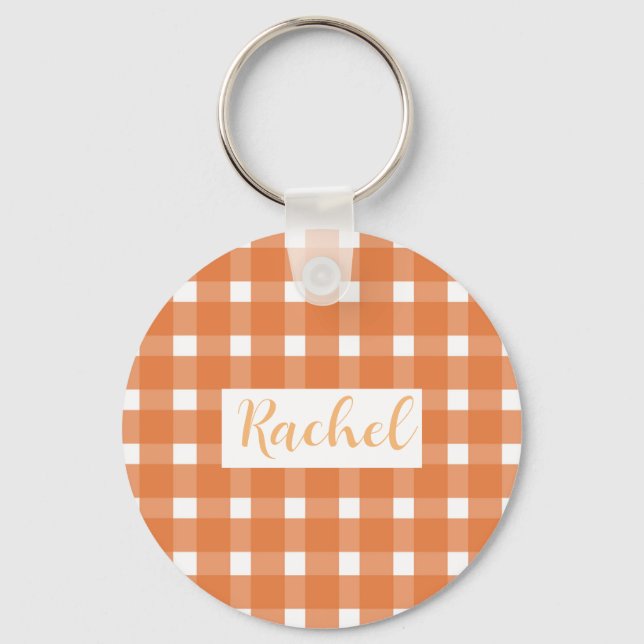 Rustic Fall Orange White Gingham  Keychain (Front)