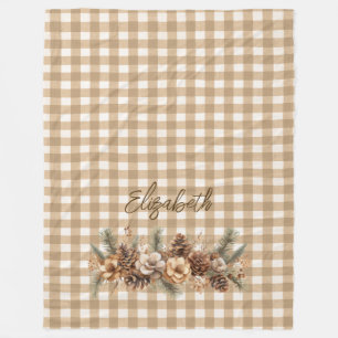 Rustic Fall Pine Cones Brown Gingham Personalized  Fleece Blanket