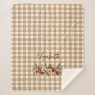 Rustic Fall Pine Cones Brown Gingham Personalized  Sherpa Blanket
