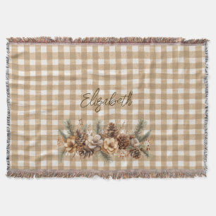 Rustic Fall Pine Cones Brown Gingham Personalized Throw Blanket