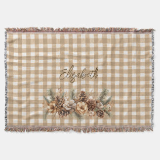Rustic Fall Pine Cones Brown Gingham Personalized Throw Blanket