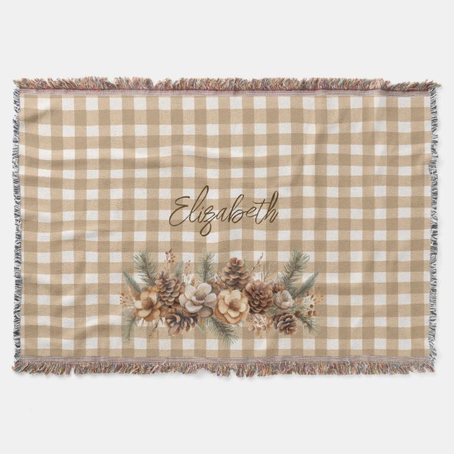 Rustic Fall Pine Cones Brown Gingham Personalized  Throw Blanket (Front)