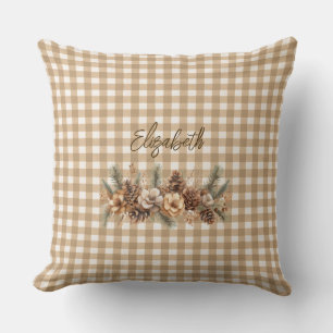 Rustic Fall Pine Cones Brown Gingham Personalized  Throw Pillow