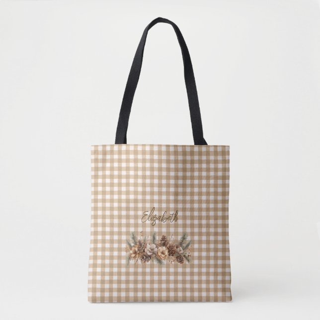 Rustic Fall Pine Cones Brown Gingham Personalized  Tote Bag (Front)