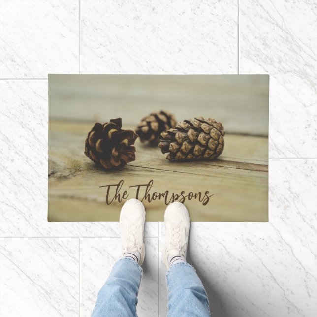 Rustic Fall Pinecones On Wood With Custom Name Doormat (Indoor)