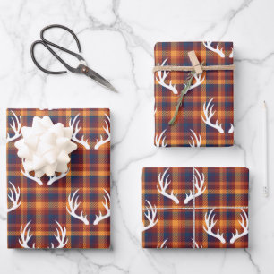 Rustic Fall Plaid & White Deer Antlers Wrapping Paper Sheet