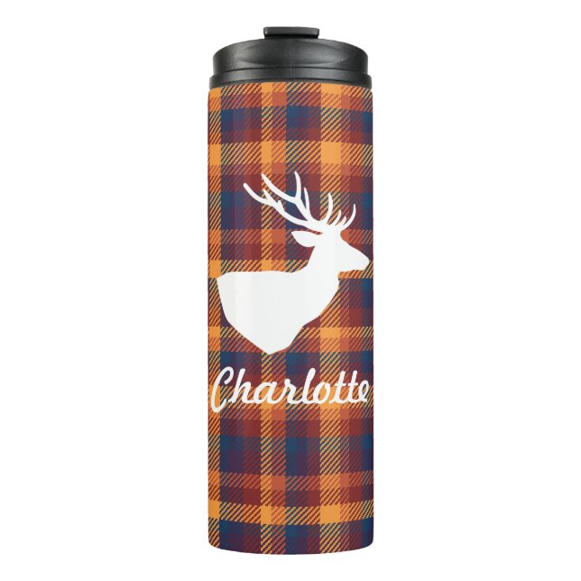 Rustic Fall Plaid & White Deer Silhouette Thermal Tumbler (Front)