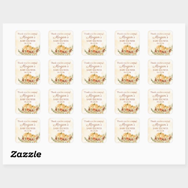 Rustic Fall Pumpkin Baby Shower Favour Square Sticker (Sheet)